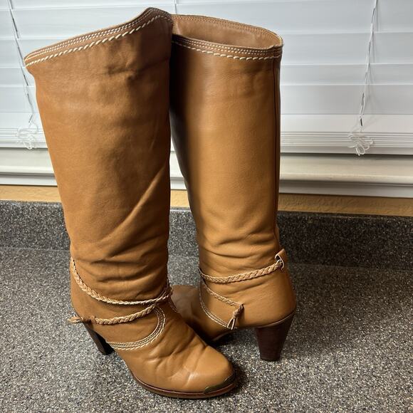 Zodiac USA Knee High Boots Cognac Faux Leather Womens Sz 7 M High Heeled Pull On - Picture 3 of 10
